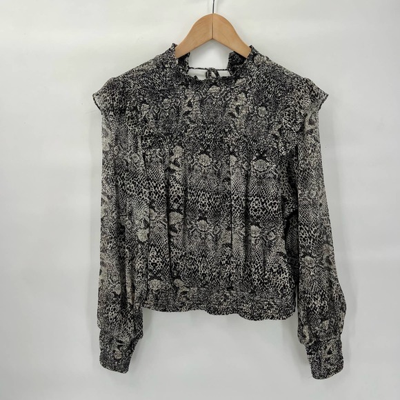 Free People Womens Roma Chiffon Top Medium Black Gray Snake Combo Ruffle Smocked - Picture 5 of 12